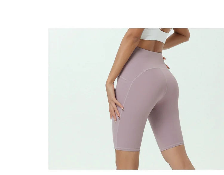 Comfortable Skin Friendly Summer High Waist Yoga Shorts Gym Hip Lift Pants Pocket Breathable Running Cycling Sports Shorts Women