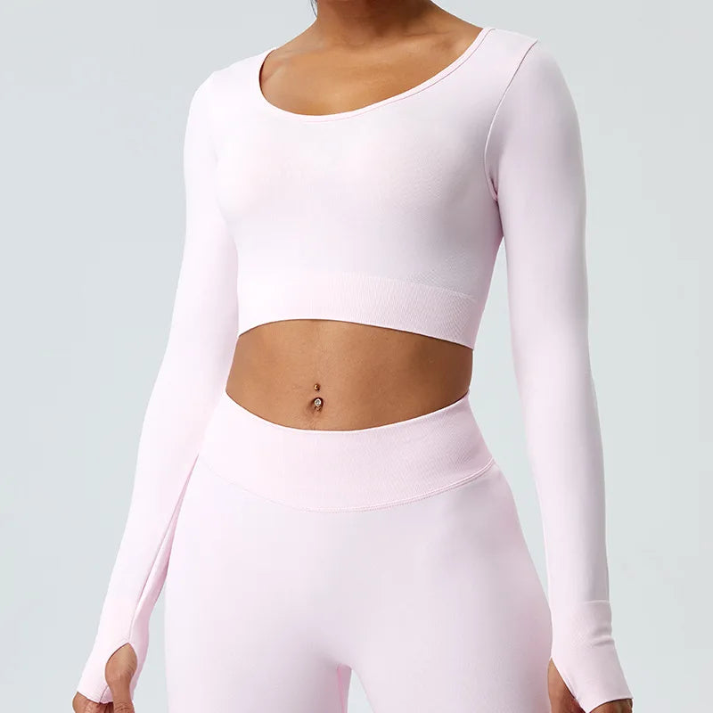 Yoga T-shirts Women Crop Top Solid Sports Top Long Sleeve Seamless Running Shirts Exposed Navel Quick Dry Fitness Gym Sport Wear