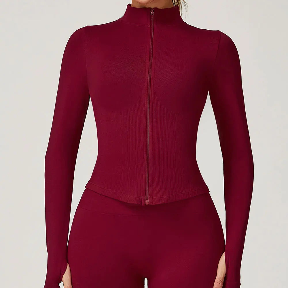 Ribbed Yoga Tops Women's Yoga Long Sleeved Standing Collar Sports Jacket Running Training Fitness Top Gym Workout Running Shirt