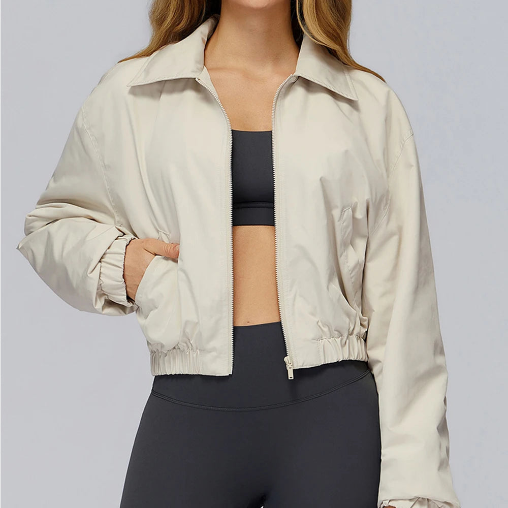 Winter Long Sleeved Loose Jacket Women's Zipper Yoga Long Sleeved Windproof Warm Sports Top Outdoor Hiking and Running Jacket