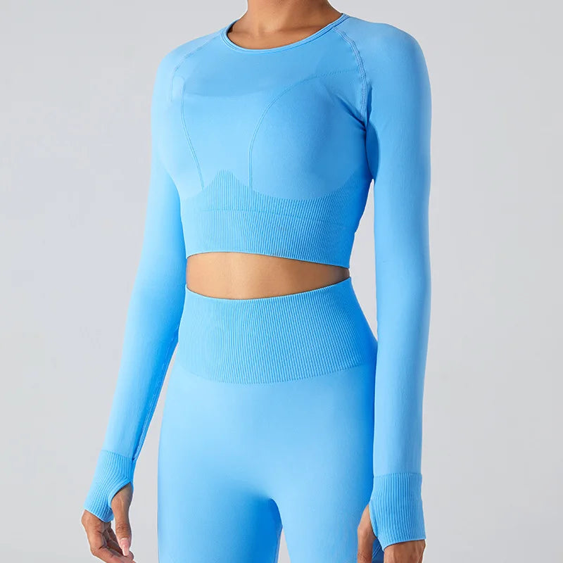Women's Seamless Long Sleeve Top Yoga Shirts Running T-Shirt Workout Running Fitness Gym Sports Top Training Crop Top Solidcolor