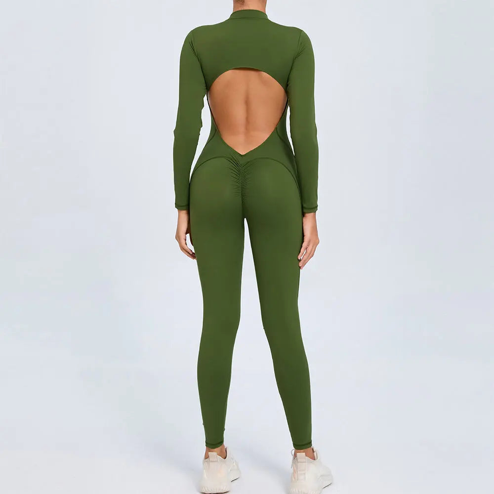Backless Rompers Yoga Long Sleeved Women's Sportswear Gym Zipper Jumpsuits Workout Bodysuit Fitness One-piece Skin-tight Garment