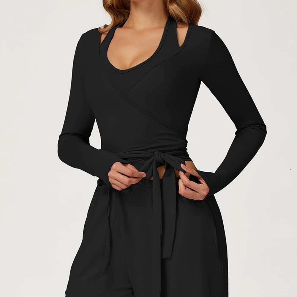 Women Yoga Crossover Strap Long Sleeve Cover-up T-shirts Pilates Running Outdoor Sports Loose Tops Breathable Soft Gym Fitness