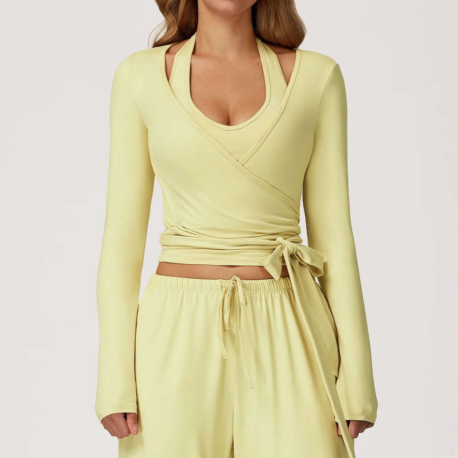 Women Yoga Crossover Strap Long Sleeve Cover-up T-shirts Pilates Running Outdoor Sports Loose Tops Breathable Soft Gym Fitness