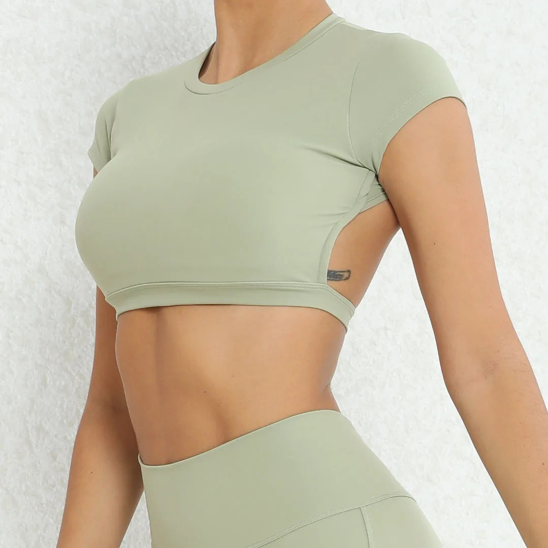 Hollow Beauty Back Crop Top Short Sleeve Yoga Shirt Women Fitness Workout Tops Gym Clothes Push Up Sportswear Running T-shirts