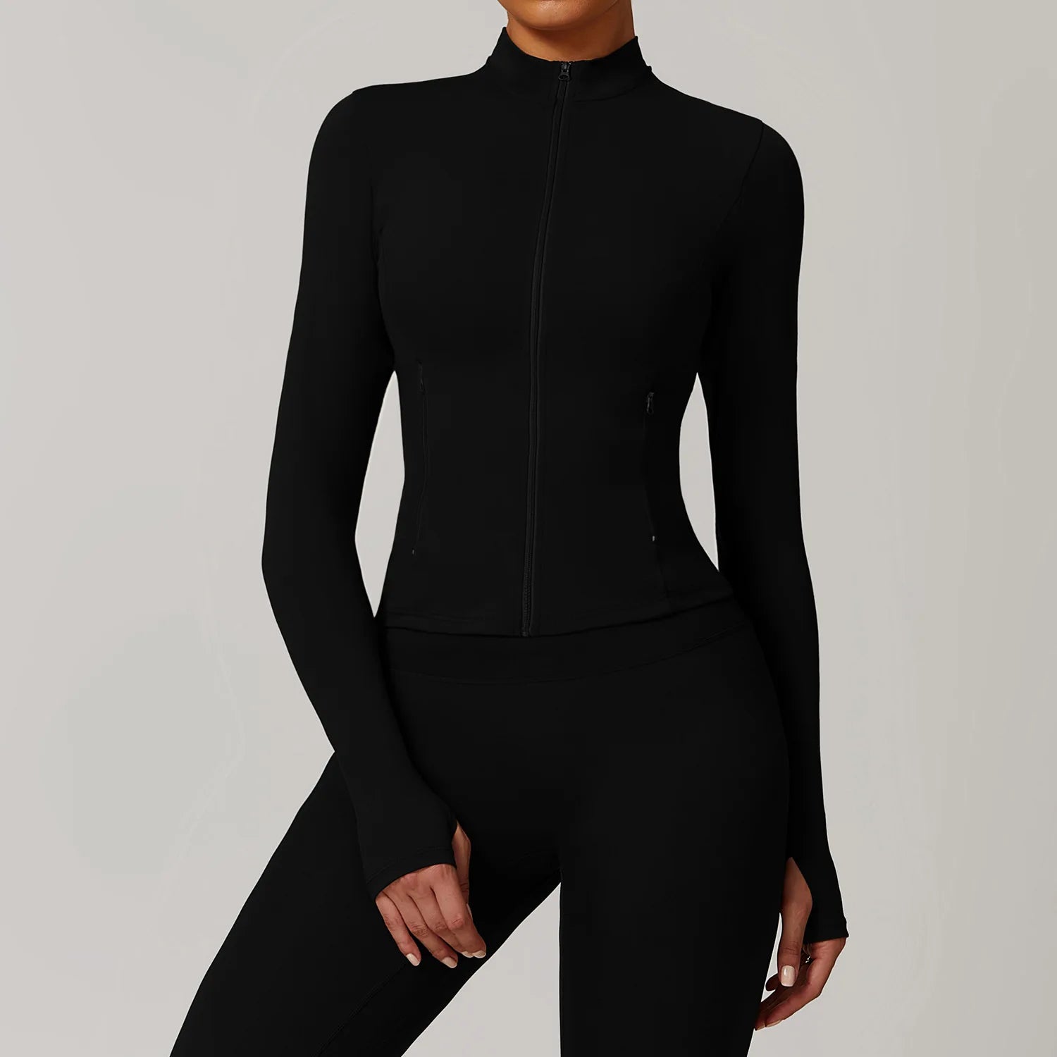 Women Outdoor Running Fitness Wear T-shirt Long Sleeved Thumb Holes Top Zipper Yoga Long Sleeved Yoga Shirt Gym Push Up Workout