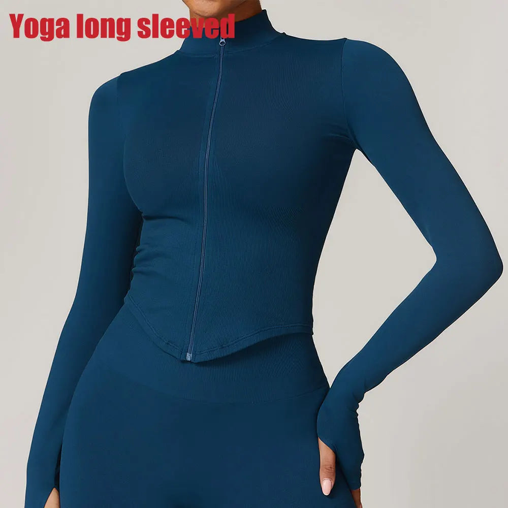 Ribbed Yoga Tops Women's Standing Collar Yoga Long Sleeved Sports Jacket Running Training Fitness Top Gym Workout Running Shirt