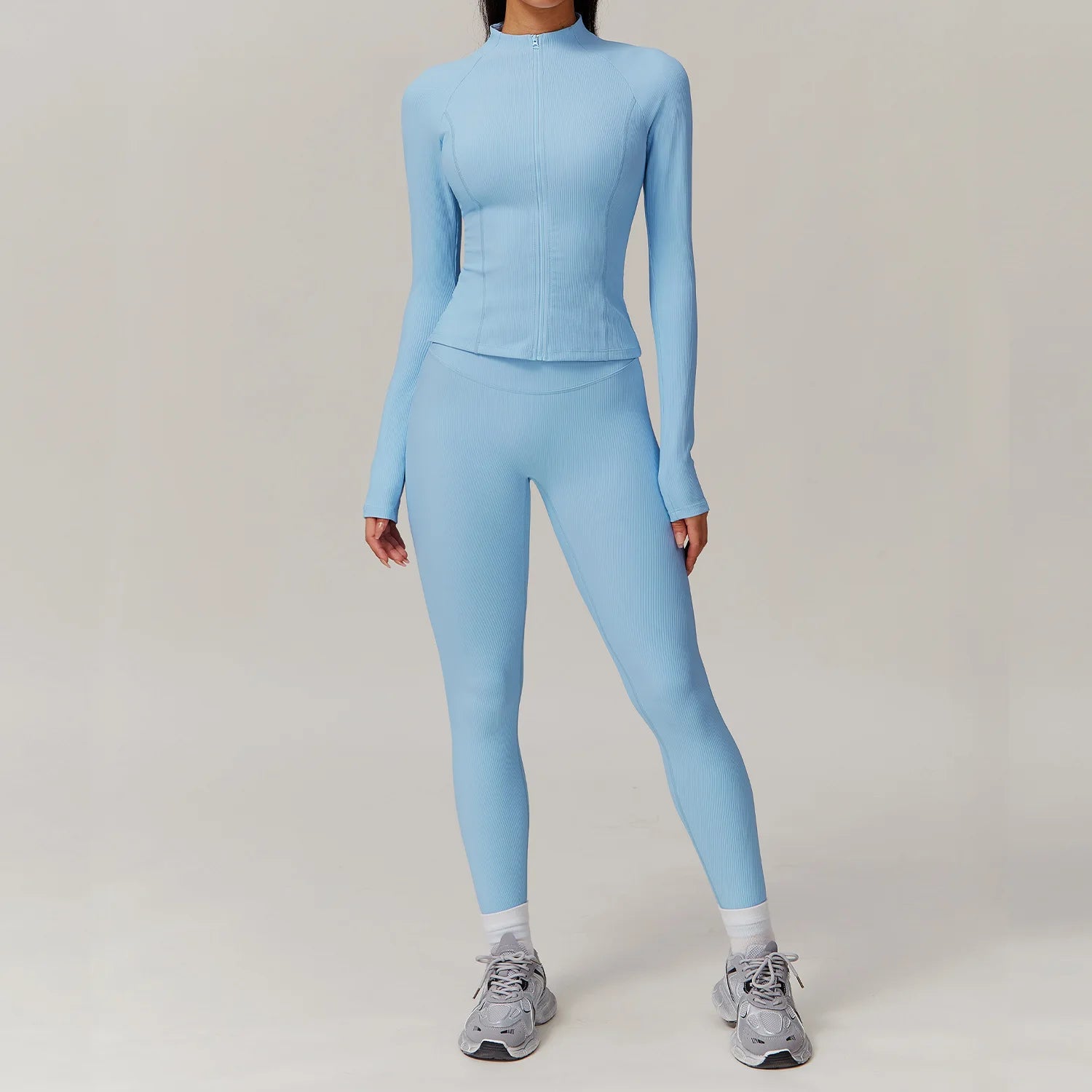 2 Pieces Yoga Suit Women Sports Set Ribbed Gym Set Women Tracksuit Running Workout Zipper Long Sleeve Sports Shirt Yoga Clothing