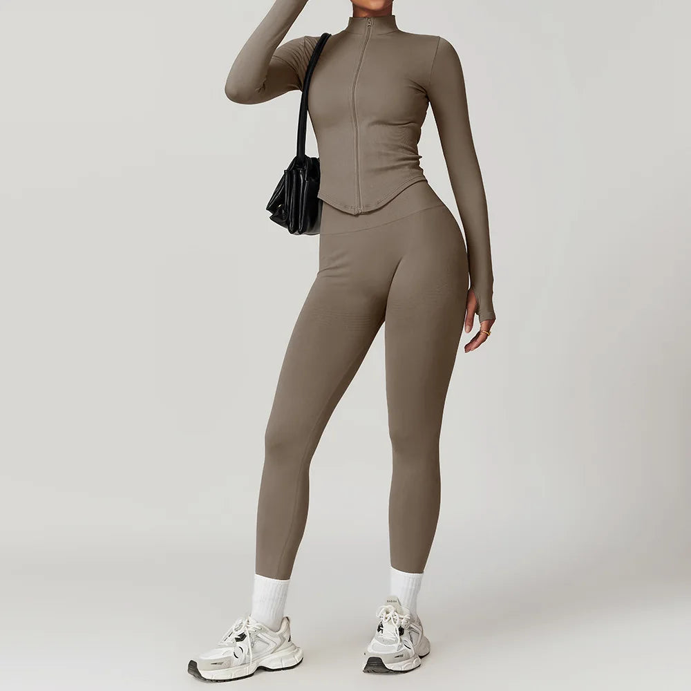 2PCS Seamless Women Tracksuit Yoga Set Workout Outfit Sportswear Gym Clothing Fitness Long Sleeve High Waist Legging Sports Suit