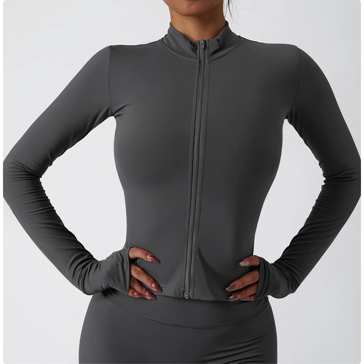 Women Zipper Jacket Yoga T-shirts Solid Sports Top Long Sleeve Crop Tops Running Shirts Sexy Quick Dry Fitness Gym Sport Wear