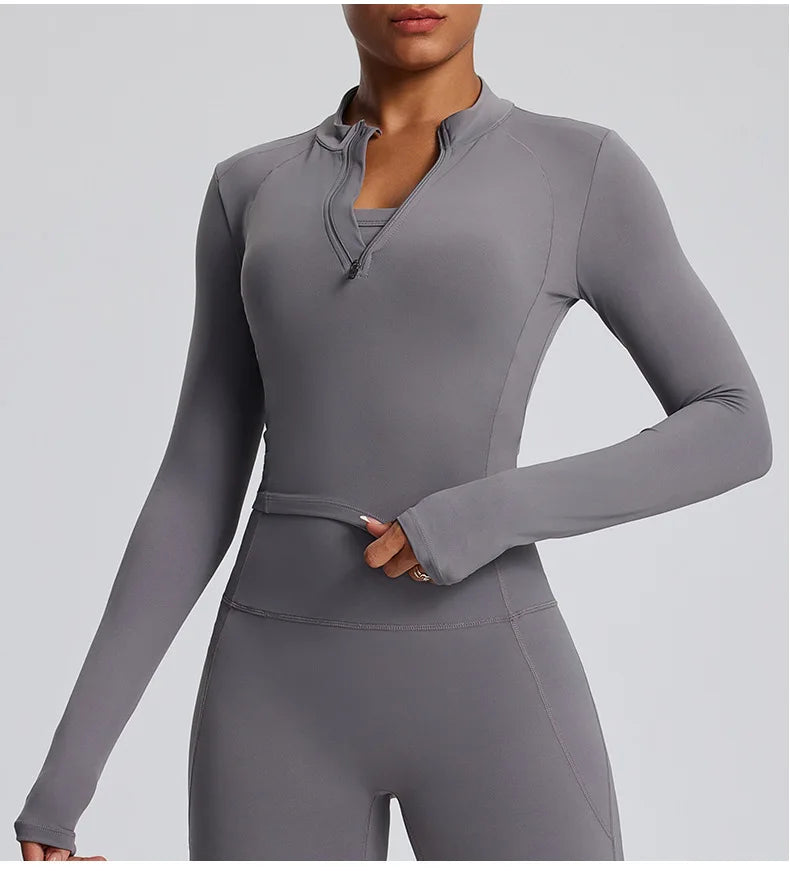 Half Zipper Long Sleeve Yoga Shirts Sport Top Fitness Yoga Top Gym Top Sports Wear For Women Push Up Running Full Sleeve Jacket