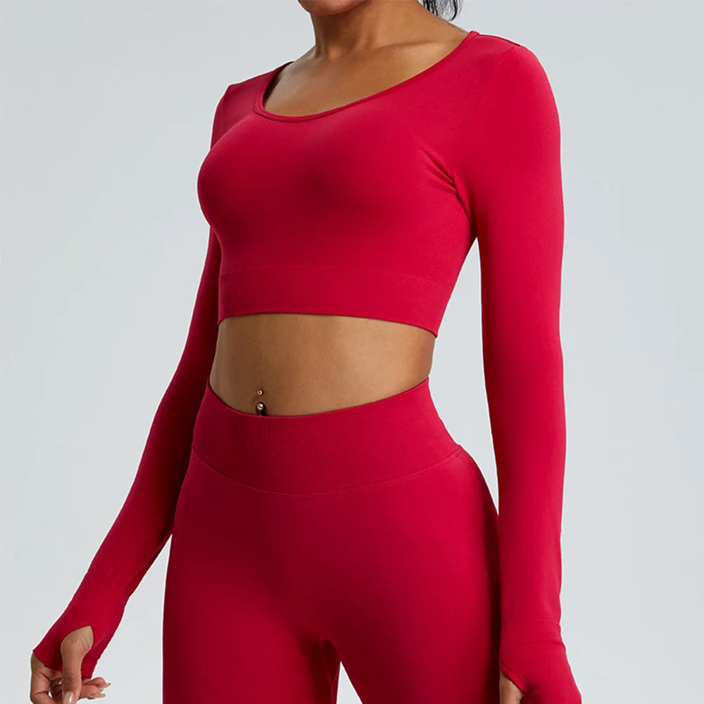Yoga T-shirts Women Crop Top Solid Sports Top Long Sleeve Seamless Running Shirts Exposed Navel Quick Dry Fitness Gym Sport Wear