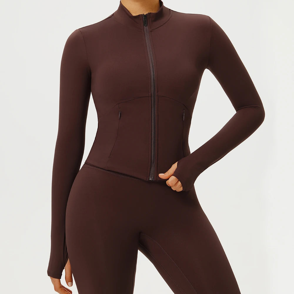 Women Outdoor Sports Long Sleeved Slim Yoga Clothes Quick Dry Zipper Cardigan Stand Up Collar Jacket Running Fitness Jacket Top
