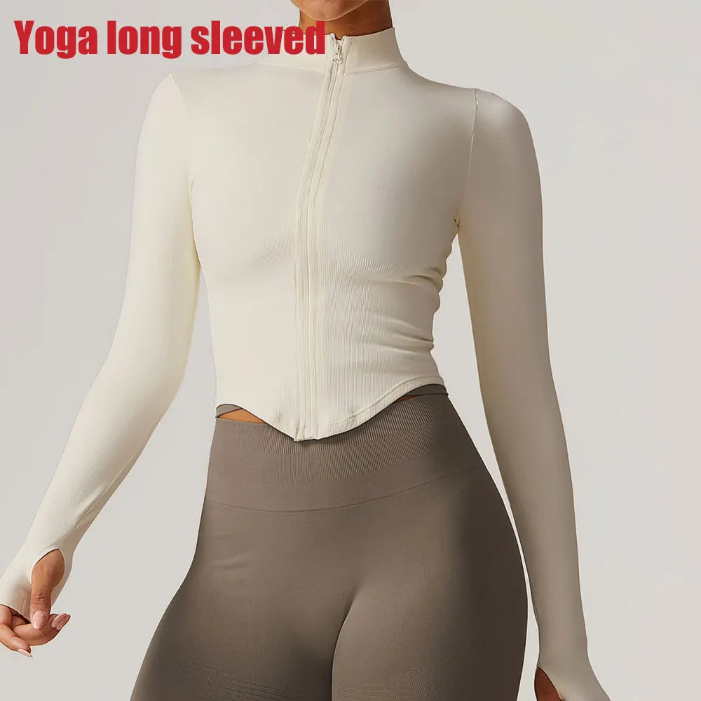 Ribbed Yoga Tops Women's Standing Collar Yoga Long Sleeved Sports Jacket Running Training Fitness Top Gym Workout Running Shirt