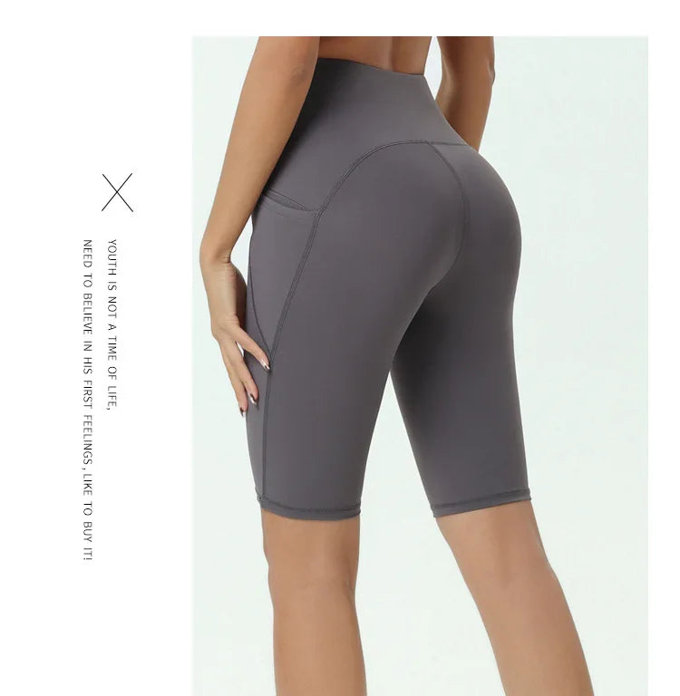 Comfortable Skin Friendly Summer High Waist Yoga Shorts Gym Hip Lift Pants Pocket Breathable Running Cycling Sports Shorts Women