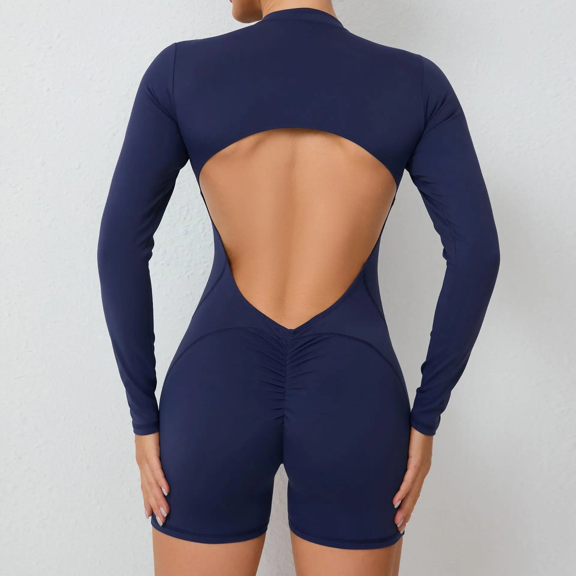 Sexy Back V Jumpsuit Women Tracksuit Yoga Set Sports Zipper Rompers Gym Long Sleeve Fitness Suit Gym Workout Bodysuit