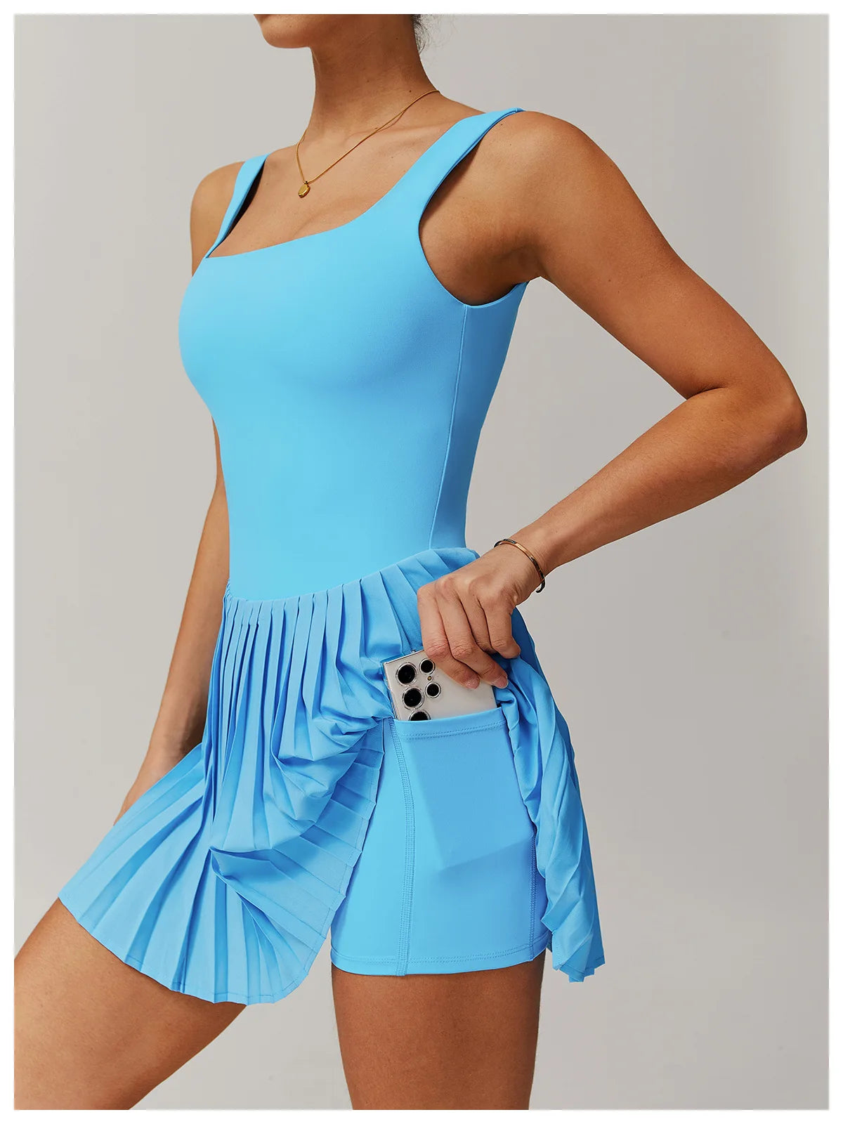 Yoga Set Naked Tennis Dress Women's Jumpsuit Bottom anti Glare Fitness Clothes Sports Running Pockets Pleated Skirt Sports Dress