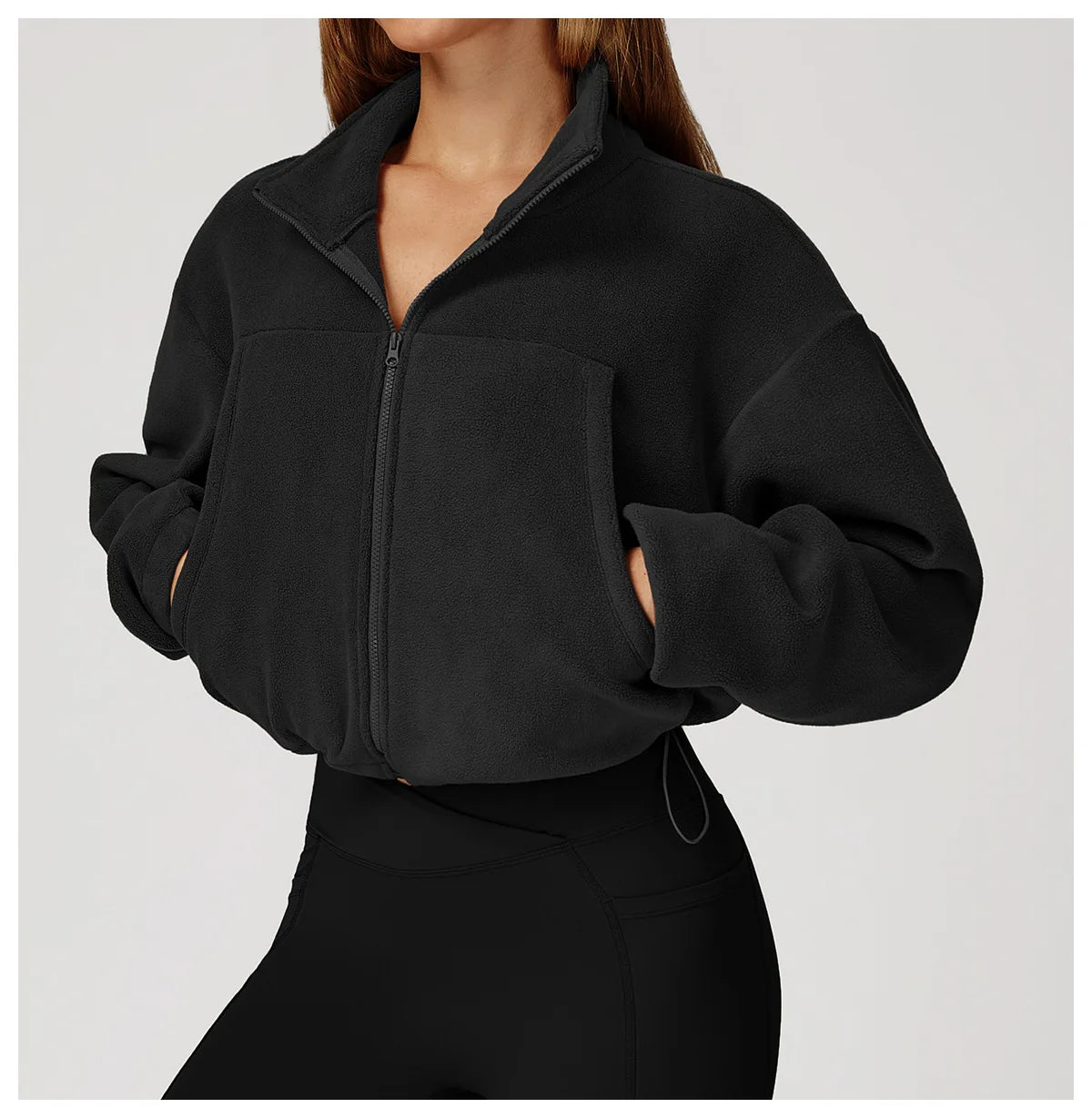 Winter Yoga Jacket Women Long Sleeved Stand Up Collar Windproof Warm Fleece Drawstring Jacket Running With Fleece Sports Jacket