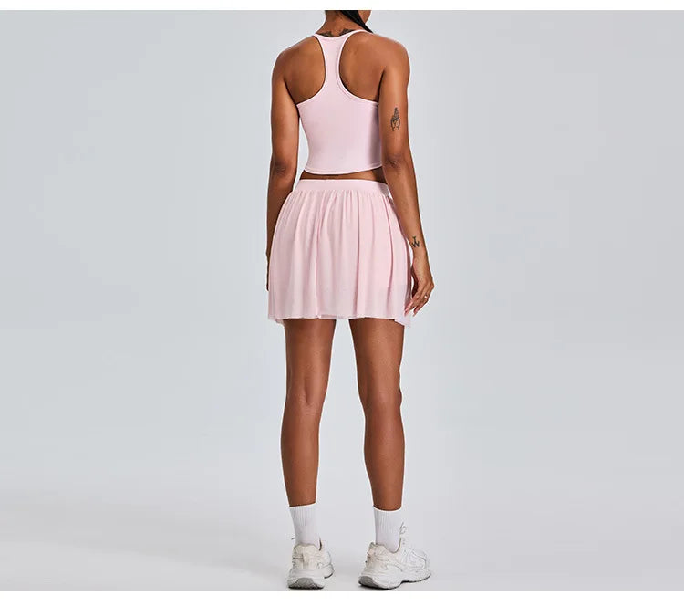 2 Piece Sportswear Leisure Sports Short Skirt Yoga Set Women's Belt Lined Mesh Pleated Tennis Skirt Running Push Up Fitness Suit
