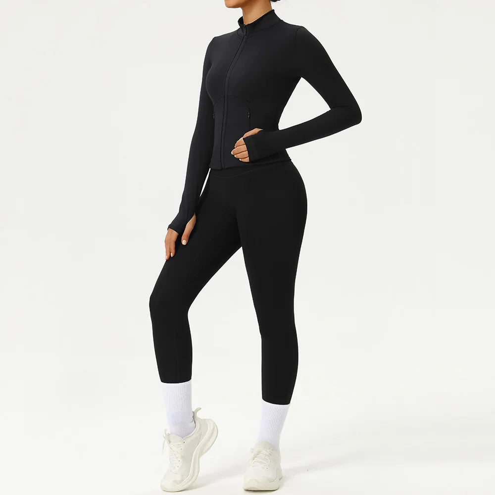 Women 2PCS Yoga Set Workout Sets Sportswear Gym Clothing Fitness Zipper Long Sleeve High Waist Leggings Sports Suits Yoga Suit