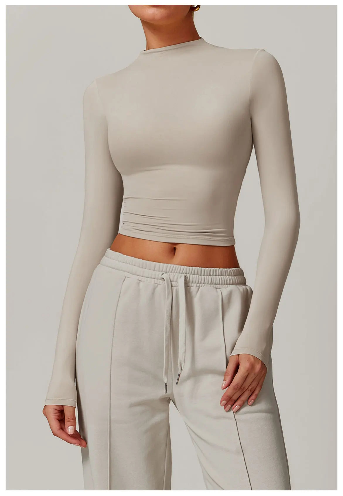 Women Crop Tops High Neck Yoga T-shirts Solid Sports Top Long Sleeve Running Shirts Exposed Navel Quick Dry Fitness Gym Sport