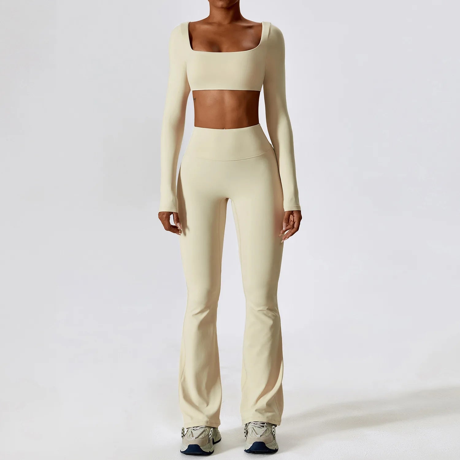 Women Tracksuit Gym Yoga Suit 2PCS Tight Fitting Sports Set Workout Breathable T Shirts Bra Tank Top Loose Bell-bottoms Leggings