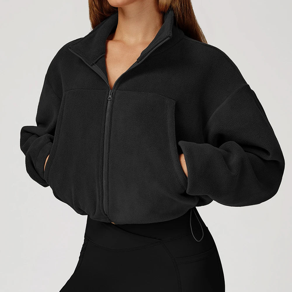Winter Yoga Jacket Women Long Sleeved Stand Up Collar Windproof Warm Fleece Drawstring Jacket Running With Fleece Sports Jacket
