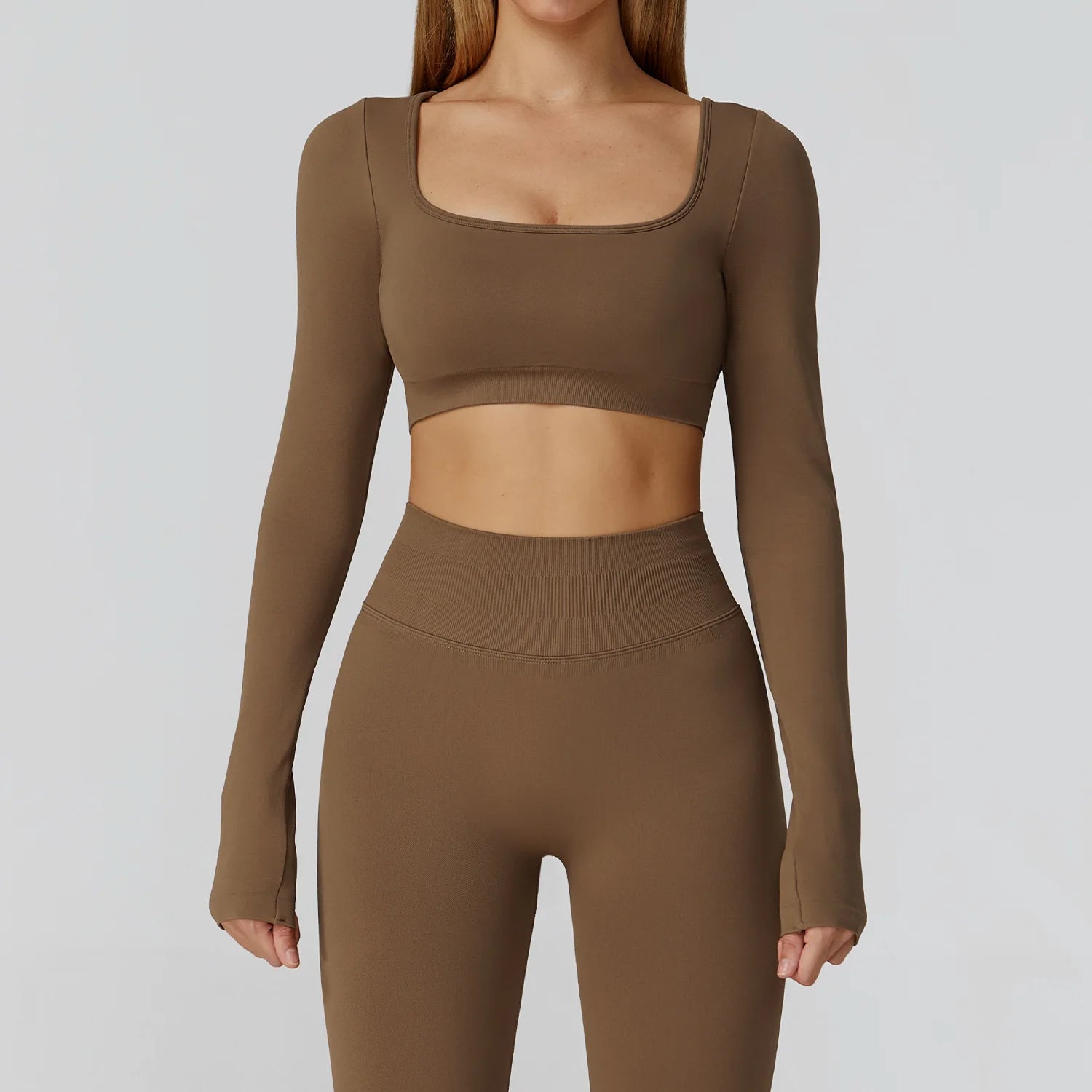 Seamless Casual Quick Dry Sportswear Women Square Neck Gym Top Women Fitness Sports Crop Top Female Long Sleeve Yoga Clothing