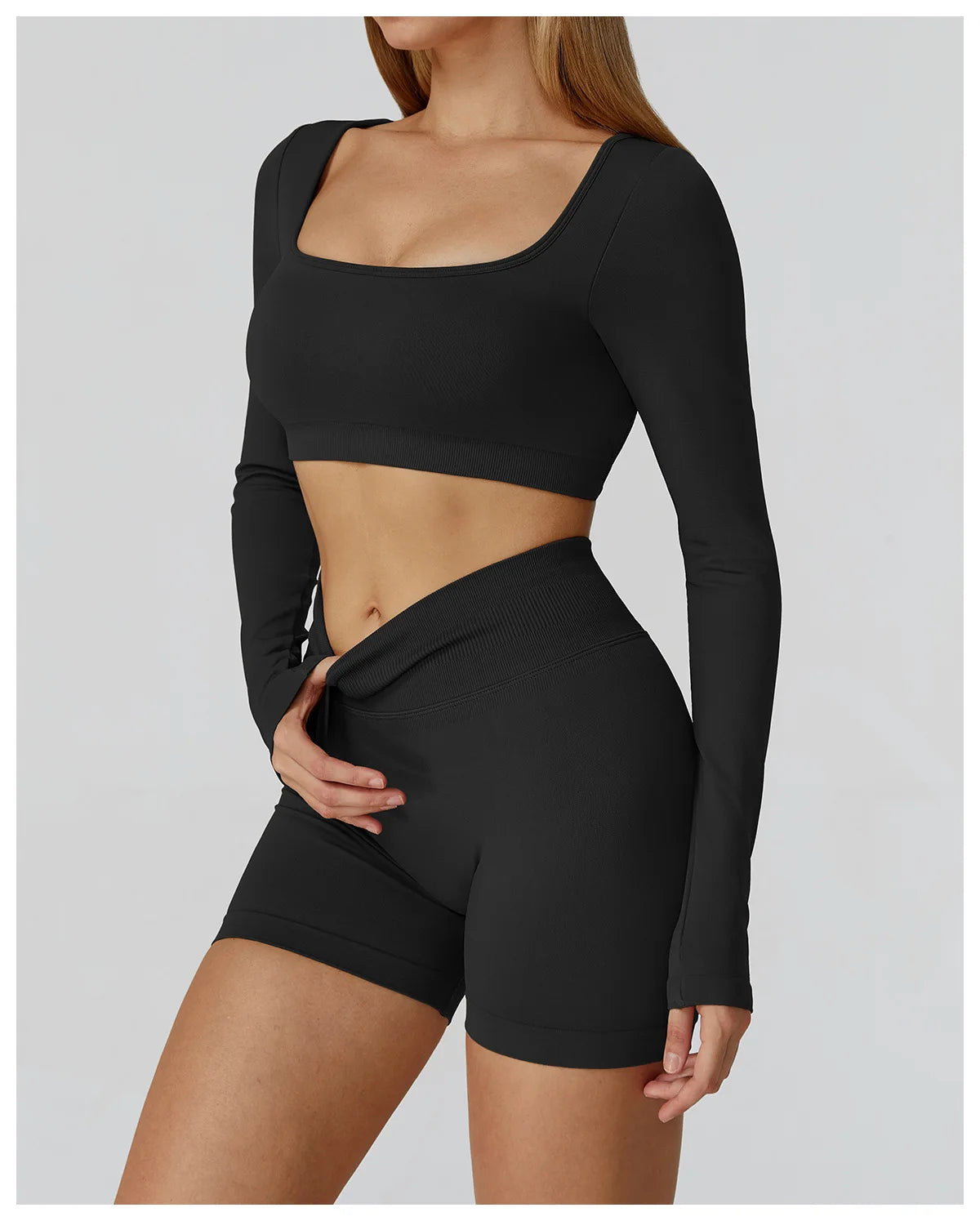 Seamless Casual Quick Dry Sportswear Women Square Neck Gym Top Women Fitness Sports Crop Top Female Long Sleeve Yoga Clothing