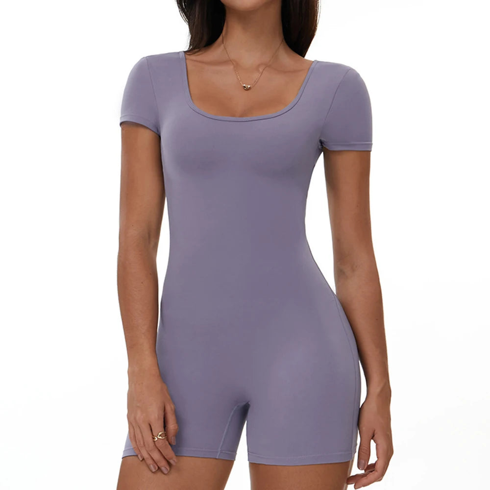 Fitness Jumpsuit Women Tracksuit Sports Short Sleeves Playsuit Running One Piece Yoga Suit Scrunch Shorts Backless Set Rompers