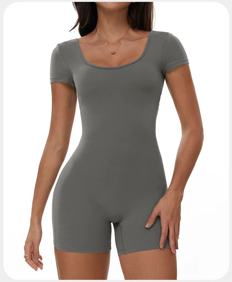 Fitness Jumpsuit Women Tracksuit Sports Short Sleeves Playsuit Running One Piece Yoga Suit Scrunch Shorts Backless Set Rompers