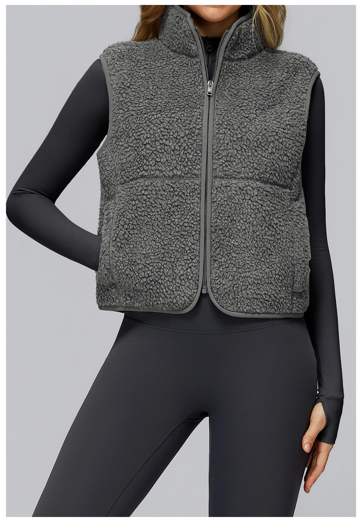Winter Women's Standing Collar and Velvet Sports Vest Sleeveless Zipper Outerwear Vest Outdoor Running and Fitness Top