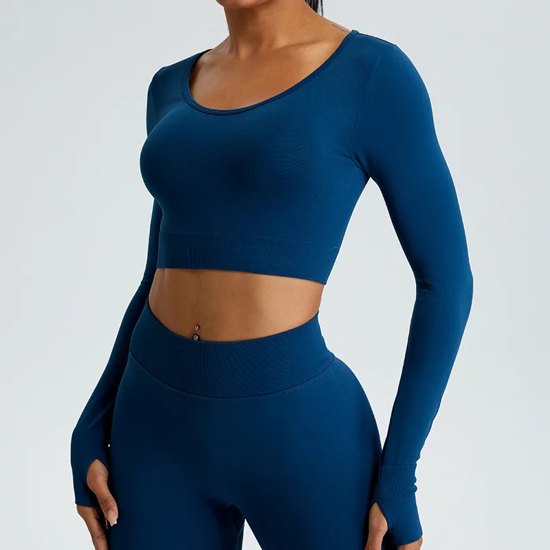 Yoga T-shirts Women Crop Top Solid Sports Top Long Sleeve Seamless Running Shirts Exposed Navel Quick Dry Fitness Gym Sport Wear