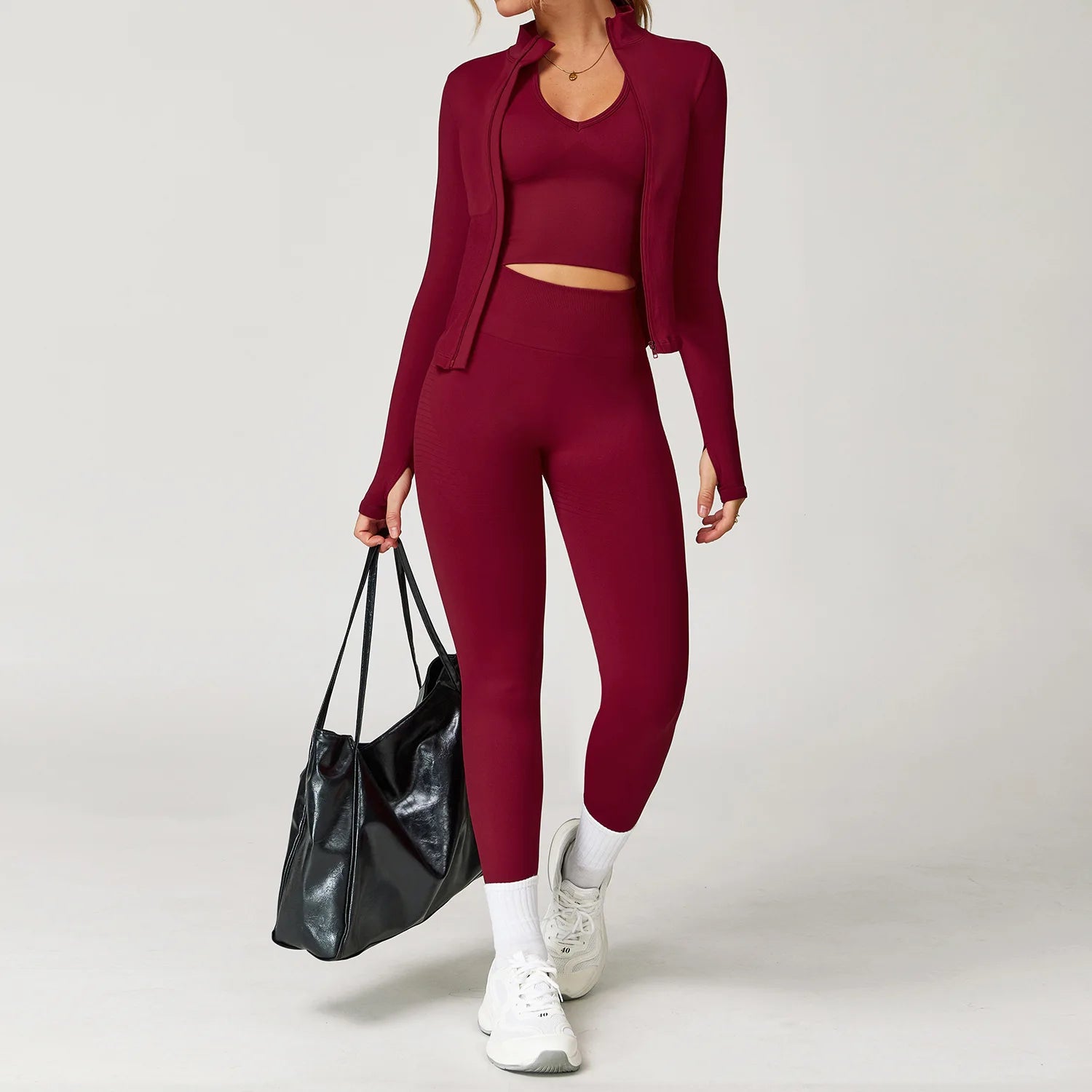 Seamless Yoga Set 3PCS Women Sportswear Workout Clothes Athletic Wear Gym Legging Fitness Bra Crop Top Long Sleeve Sports Suits
