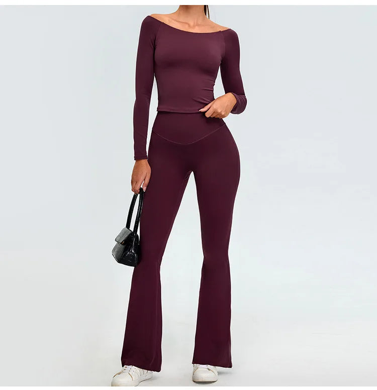 Sexy Off Shoulder Long Sleeved Tops Women's Yoga Long Sleeved Sports T-shirt Top Workout Running Tight Fitting Fitness Clothes