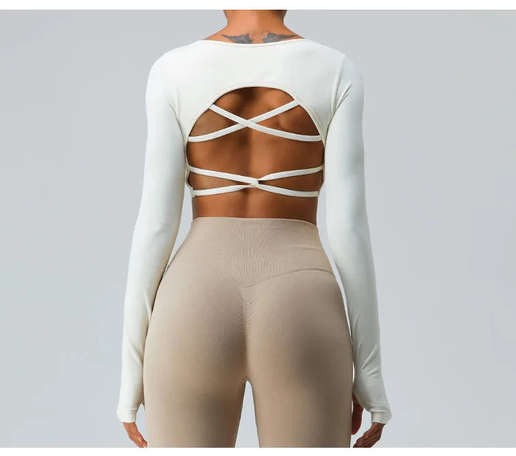 Sexy Women's Backless Shirt Seamless Crop Top Fitness Shirts Long Sleeve Gym Workout Sports Top Woman Front Yoga Tops Activewear