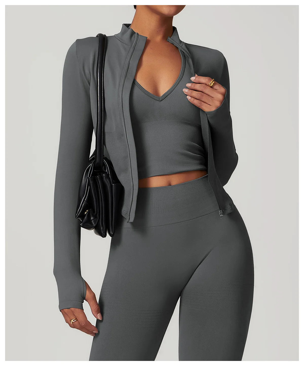 Ribbed Yoga Tops Women's Standing Collar Yoga Long Sleeved Sports Jacket Running Training Fitness Top Gym Workout Running Shirt