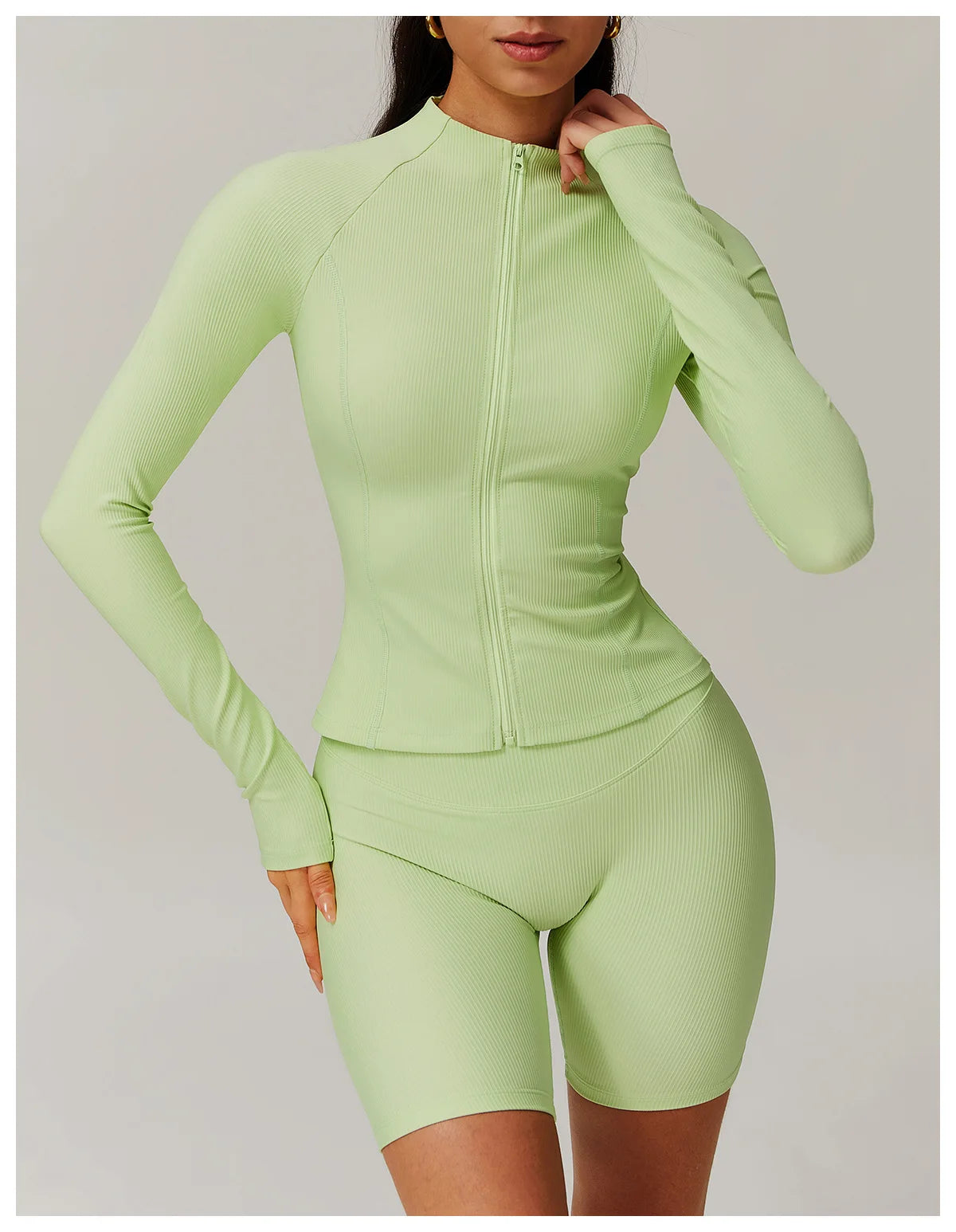 Ribbed Sports Long Sleeved Women Slim Yoga Clothes Quick Dry Zipper Cardigan Stand Up Collar Jacket Running Fitness Jacket Top