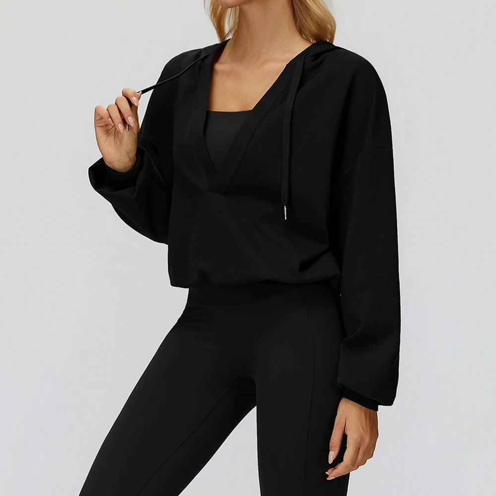 Autumn New Yoga Long Sleeved Women's Hooded Jacket V-neck Loose and Comfortable Outerwear Outdoor Running Workout Sports Jacket