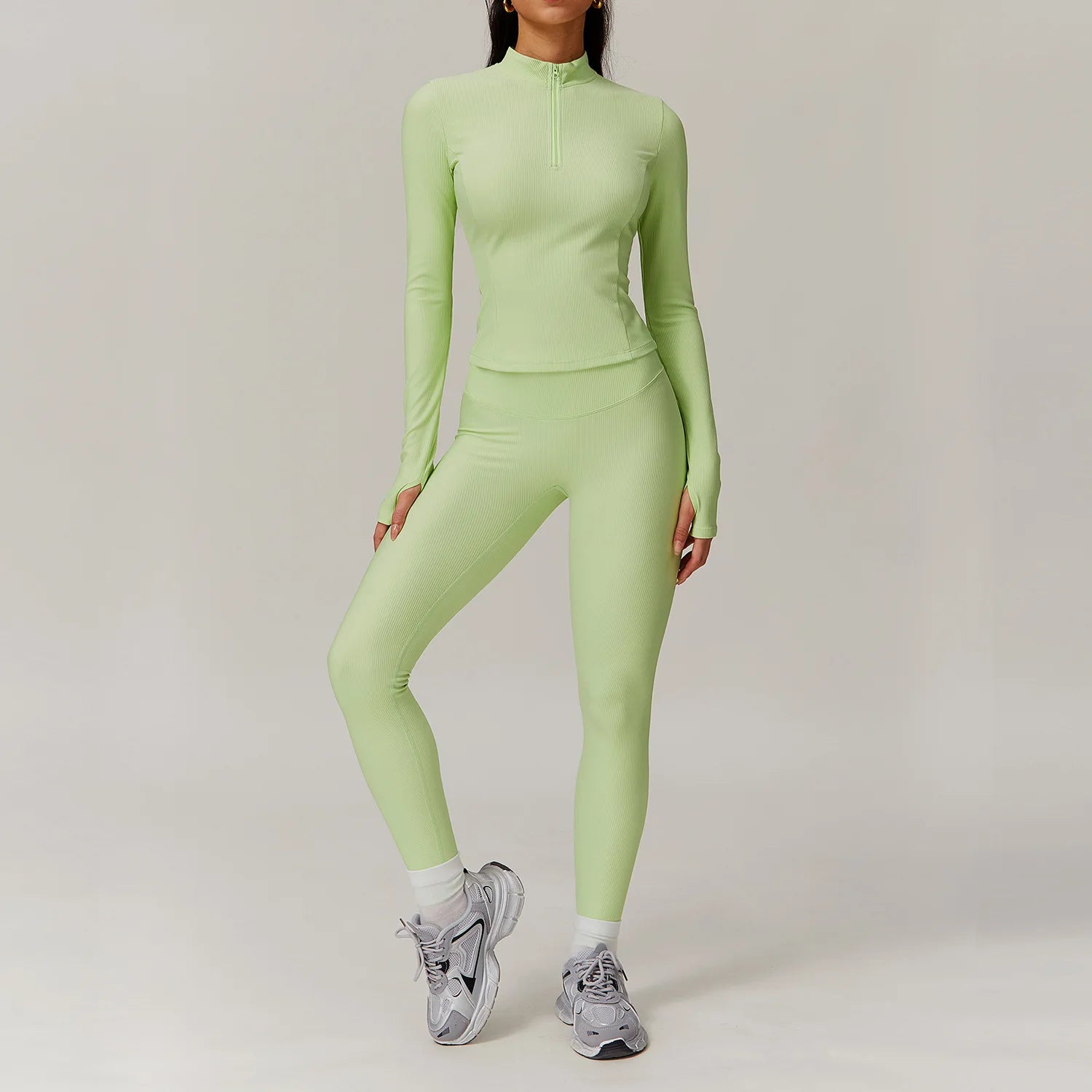 2 Pieces Yoga Suit Women Sports Set Ribbed Gym Set Women Tracksuit Running Workout Zipper Long Sleeve Sports Shirt Yoga Clothing