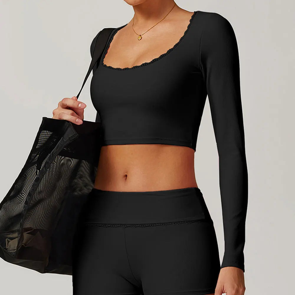 Ribbed Yoga Shirts For Women Long Sleeve Fitness Running Gym Clothes Push Up Workout Dry Fit Breathable High Elastic Sports Top
