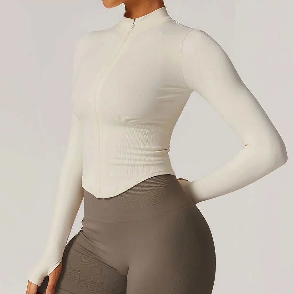 Ribbed Yoga Tops Women's Standing Collar Yoga Long Sleeved Sports Jacket Running Training Fitness Top Gym Workout Running Shirt