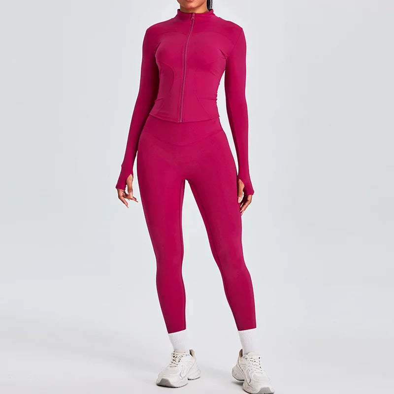 Women 2PCS Yoga Set Workout Clothes Long Sleeve Jacket Gym Crop Top High Waist Leggings Fitness Sports Wear Sport Suit Gymwear
