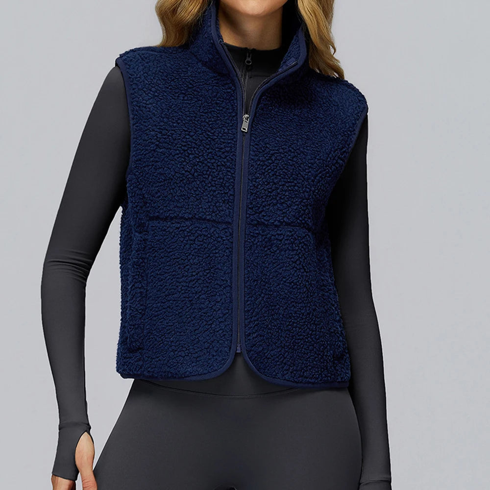 Winter Women's Standing Collar and Velvet Sports Vest Sleeveless Zipper Outerwear Vest Outdoor Running and Fitness Top