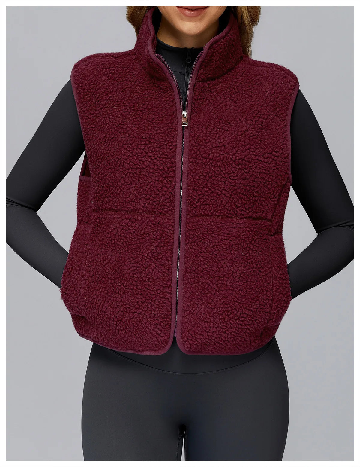 Winter Women's Standing Collar and Velvet Sports Vest Sleeveless Zipper Outerwear Vest Outdoor Running and Fitness Top