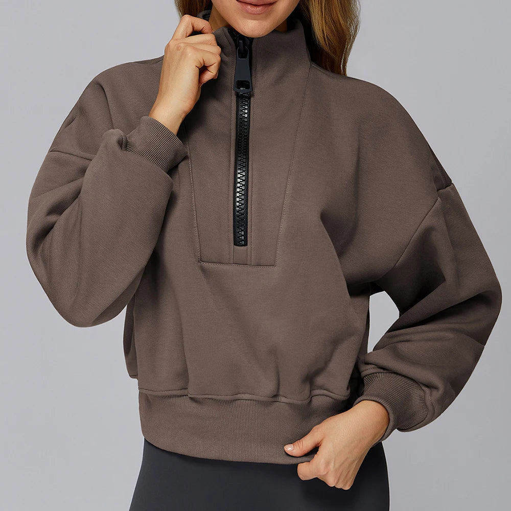 Winter Sports Hoodie Yoga Long Sleeved Women's Stand Collar Loose Windproof Hoodie Warm Long Sleeved Casual Outdoor Sports Top