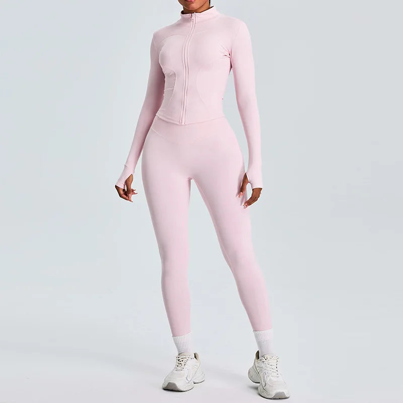 Women 2PCS Yoga Set Workout Clothes Long Sleeve Jacket Gym Crop Top High Waist Leggings Fitness Sports Wear Sport Suit Gymwear