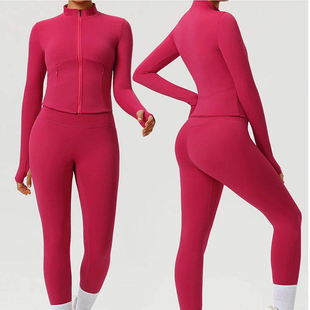 Women 2PCS Yoga Set Workout Sets Sportswear Gym Clothing Fitness Zipper Long Sleeve High Waist Leggings Sports Suits Yoga Suit