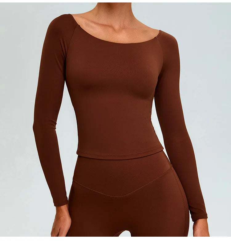 Sexy Off Shoulder Long Sleeved Tops Women's Yoga Long Sleeved Sports T-shirt Top Workout Running Tight Fitting Fitness Clothes