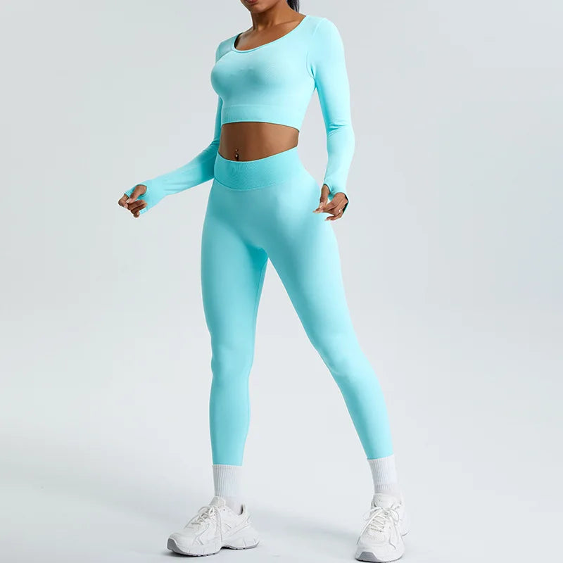 Yoga T-shirts Women Crop Top Solid Sports Top Long Sleeve Seamless Running Shirts Exposed Navel Quick Dry Fitness Gym Sport Wear